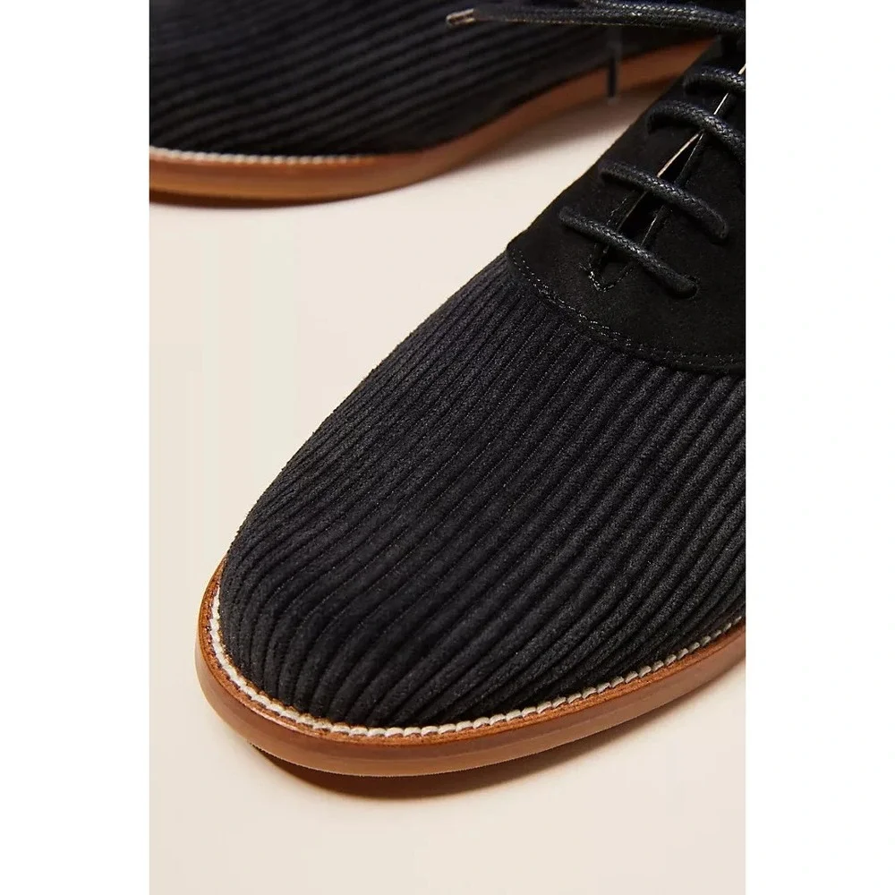 Anthropologie Corduroy Oxford Loafers Women's EU 37 6.5  Black Lace-Up Shoes NEW